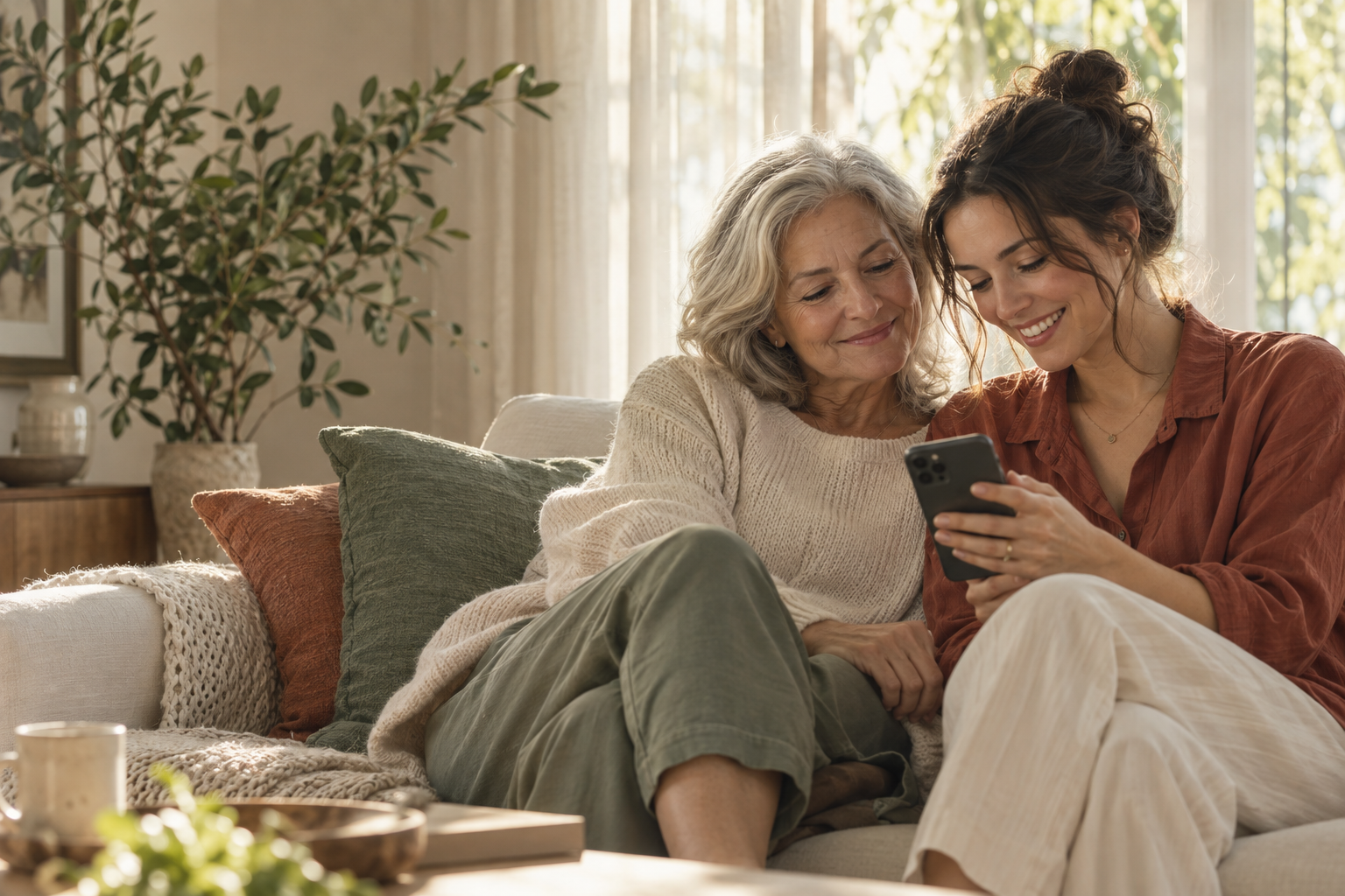 A mother and adult daughter sharing a relaxed moment at home