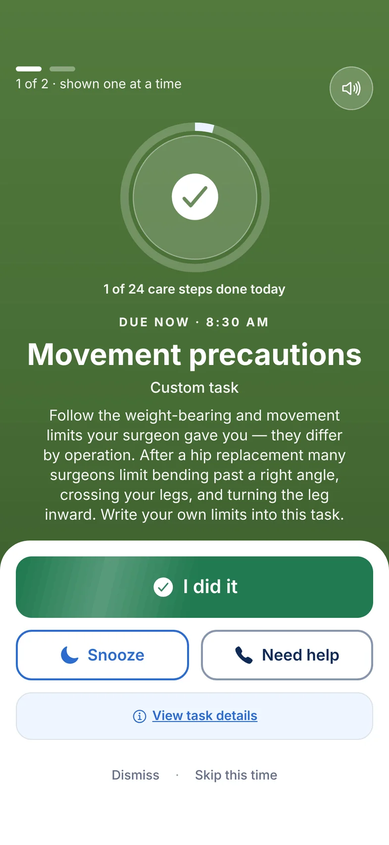 A reminder for a care task. Due now, 8:30 AM: Movement precautions, with written instructions and an I did it button.