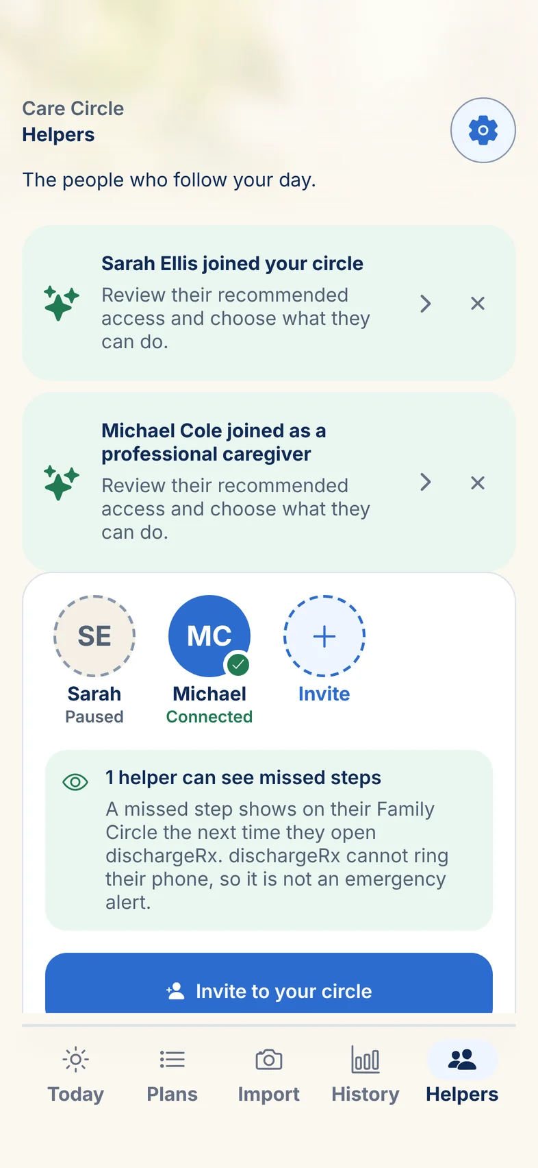 Robert’s Helpers screen: Sarah, paused, and Michael, connected, with a note that one helper can see missed steps the next time they open dischargeRx, because the app cannot ring their phone.