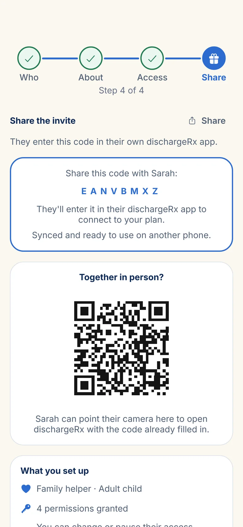 Step 4 of 4, Share the invite: a code to share with Sarah and a QR code she can scan when they’re together in person.