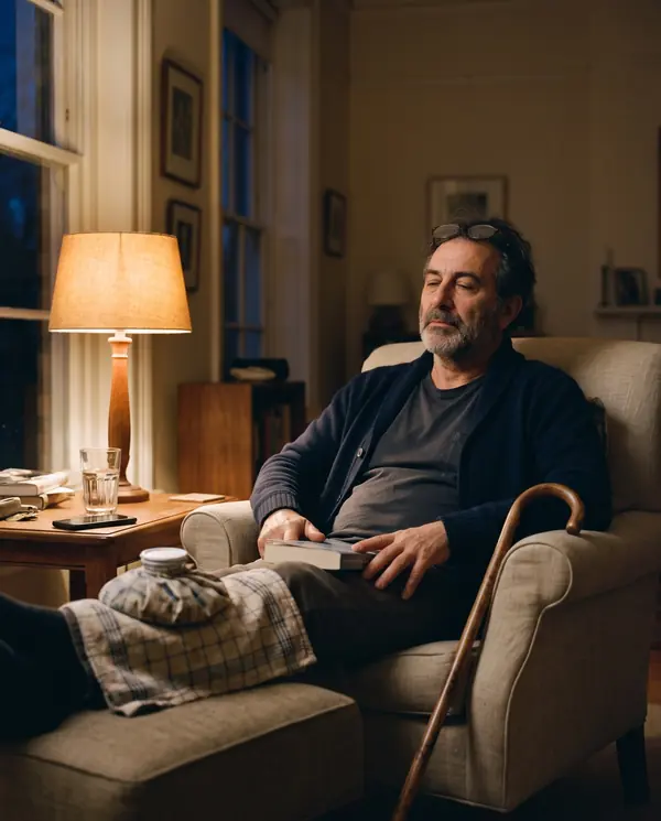 Robert rests in an armchair under a lamp in the evening, an ice pack on his knee and a cane at his side.