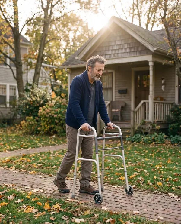 Robert walks slowly with a walker along a brick path in front of a house, autumn leaves on the lawn.