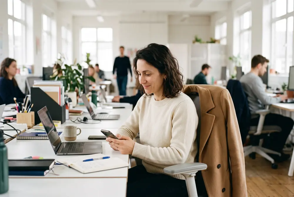 Sarah at her desk in a bright office, smiling slightly at her phone.