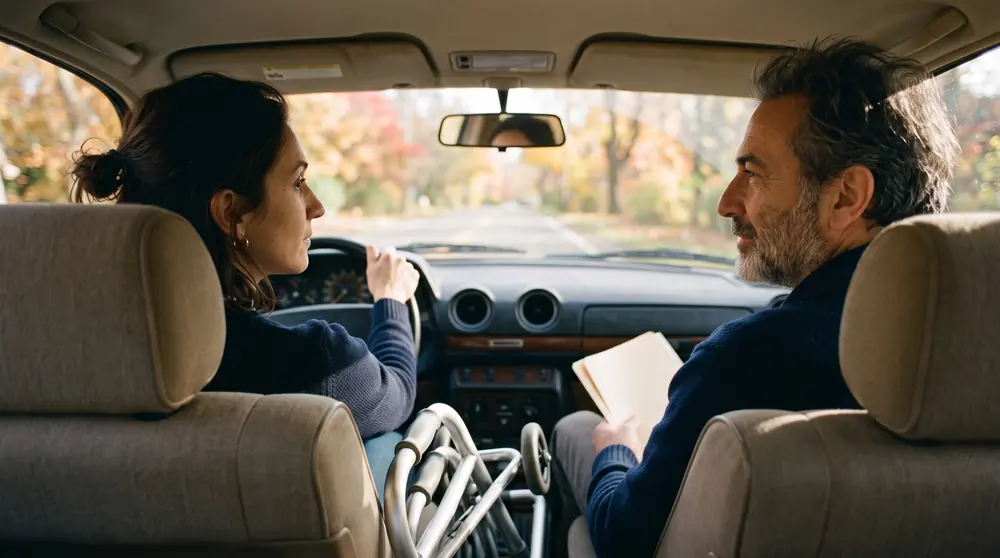 Sarah drives Robert to an appointment on an autumn road; he holds a folder on his lap and a walker is folded in the back.