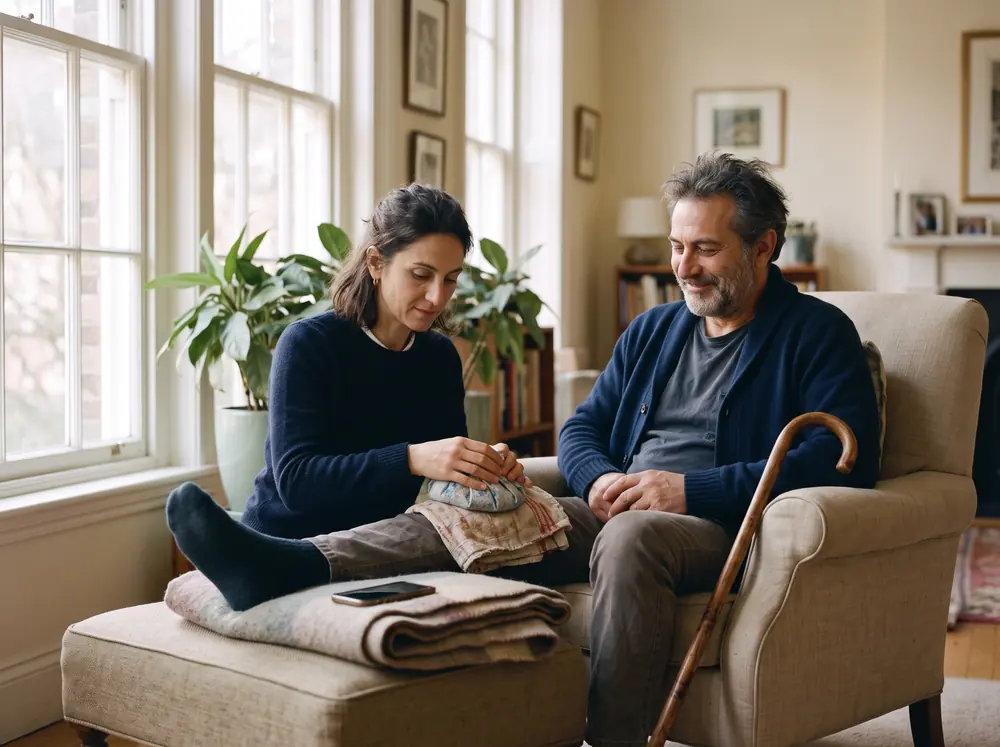 Sarah settles an ice pack on Robert’s raised knee while he sits in an armchair, a cane leaning beside him.