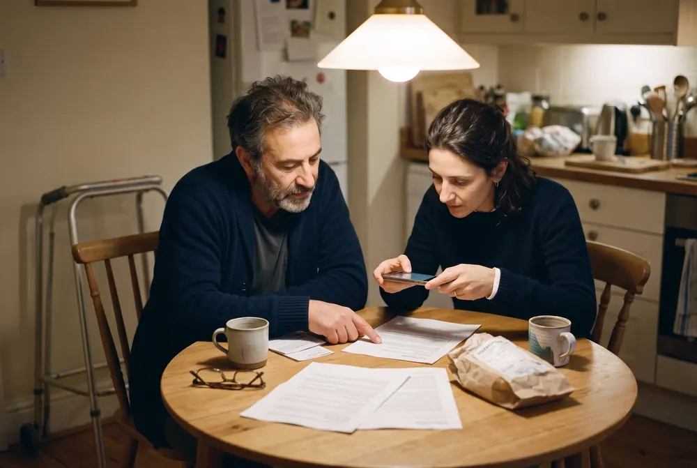 Robert and Sarah at a kitchen table in the evening. Printed pages are spread out and Sarah photographs one with her phone.